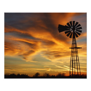Kansas Windmill Sunset,  Clouds  Photo Enlargement