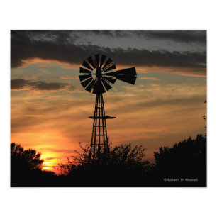 Kansas Windmill Sunset,  Clouds  Photo Enlargement Print