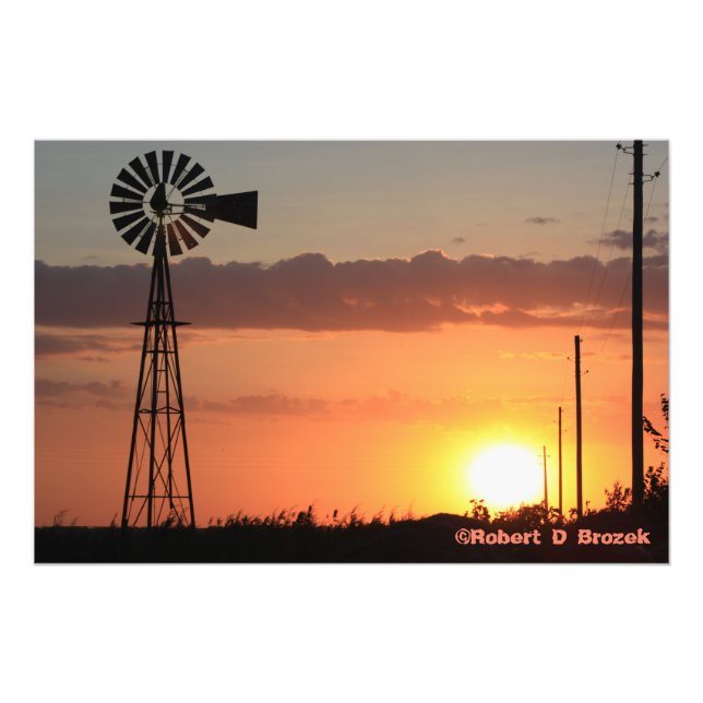 Kansas Windmill Sunset Silhouette  Photo Poster. (Front)