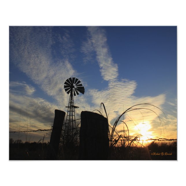 Kansas  Windmill Sunset with a fence Photo Print (Front)