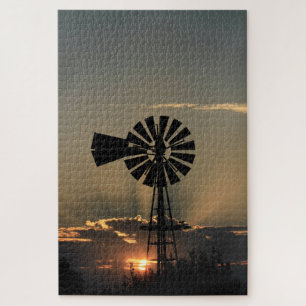 Kansas Windmill Sunset With Sun Rays Jigsaw Puzzle