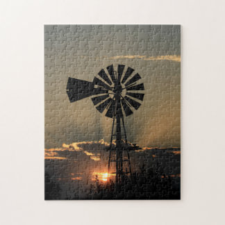 Kansas Windmill Sunset With Sun Rays Jigsaw Puzzle