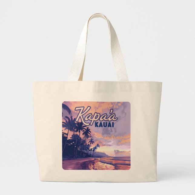 Kapaa Kauai Hawaii Beach Sunset Palm Tree Retro Large Tote Bag (Front)