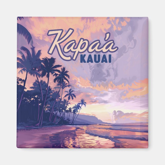 Kapaa Kauai Hawaii Beach Sunset Palm Tree Retro Magnet (Front)