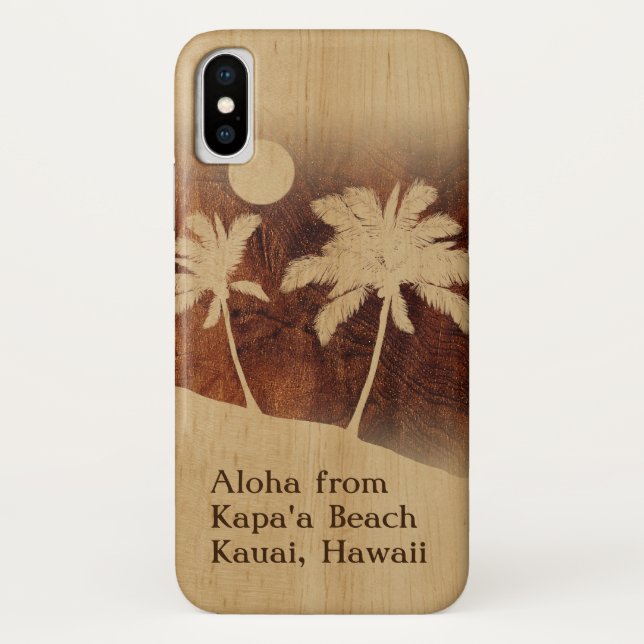 Kapaa Sunset Hawaiian Faux Koa Wood Twin Palm Case-Mate iPhone Case (Back)