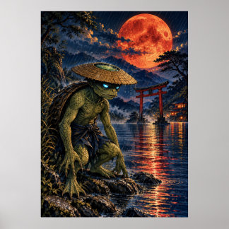 Kappa Yokai Japanese Folklore Crimson Moon Fantasy Poster