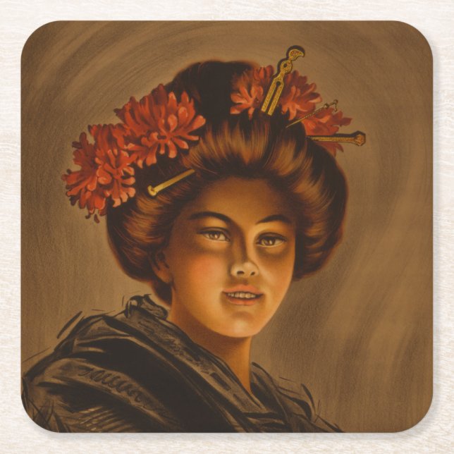 Karama: Japanese Romance Geisha Actress Square Paper Coaster (Front)