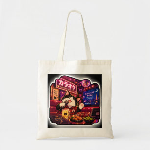 Karaoke Cat Japanese Neon Singing Night Tote Bag