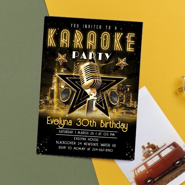 Karaoke Gold Night Birthday Party Invitation (Karaoke Birthday Invitation)