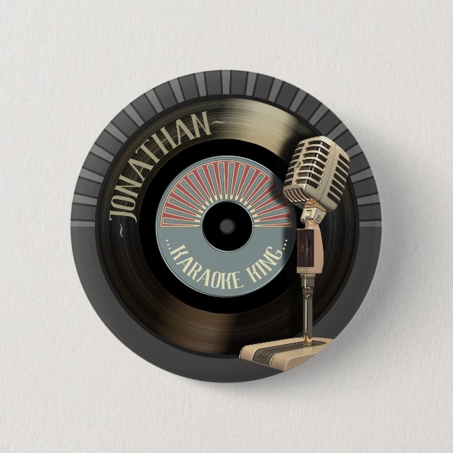 Karaoke King Retro Mic And Record 6 Cm Round Badge (Front)