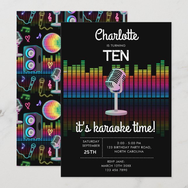 Karaoke Neon Glow Singing Music Party Birthday Invitation (Front/Back)