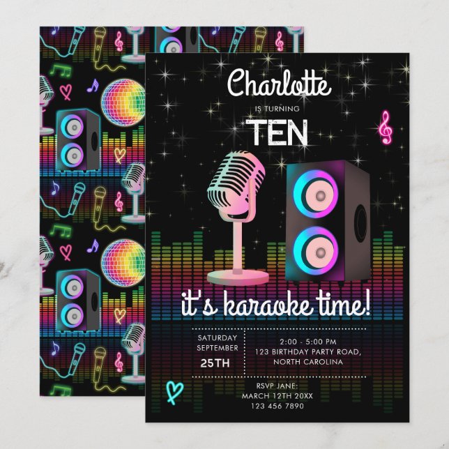 Karaoke Neon Glow Singing Music Party Birthday Invitation (Front/Back)
