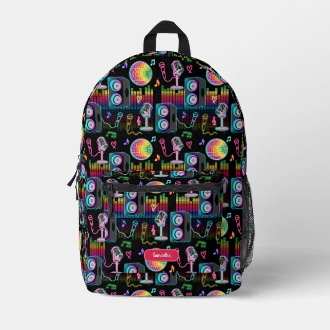 Karaoke Neon Glow Singing Music Party Girl Printed Backpack (Front)