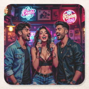 Karaoke Night at the Dive Bar Square Paper Coaster