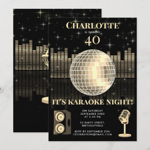 Karaoke Night Black Gold 40th Disco Birthday Party Invitation