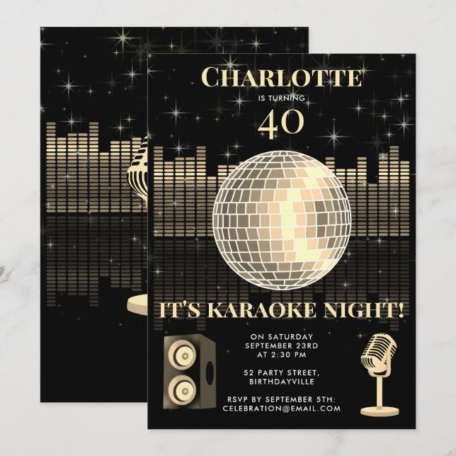 Karaoke Night Black Gold 40th Disco Birthday Party Invitation (Front/Back)