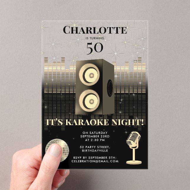 Karaoke Night Black Gold 50th Disco Birthday Party Acrylic Invitations (Insitu (Handheld))
