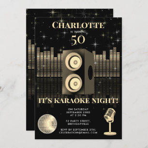Karaoke Night Black Gold 50th Disco Birthday Party Invitation
