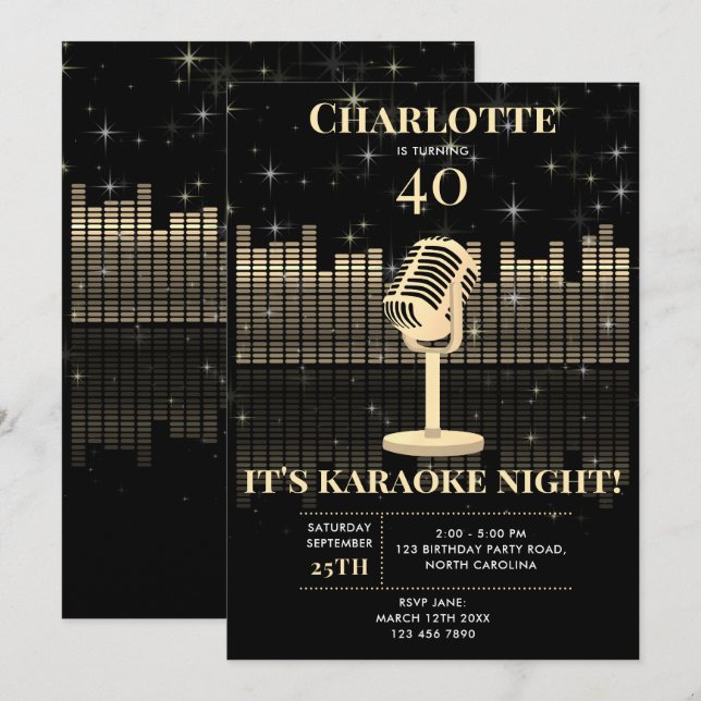 Karaoke Night Black Gold Singing Birthday Party Invitation (Front/Back)