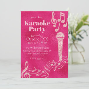 Karaoke Party Hot Pink Glitter Music Notes Invitation