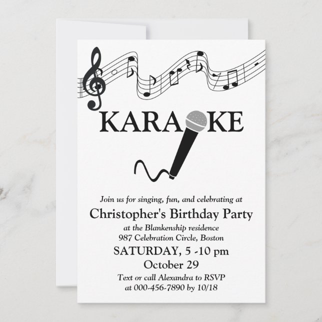 Karaoke Party Musical Scale Microphone Black White Invitation (Front)