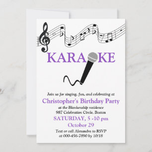 Karaoke Party Musical Scale Microphone Purple Invitation