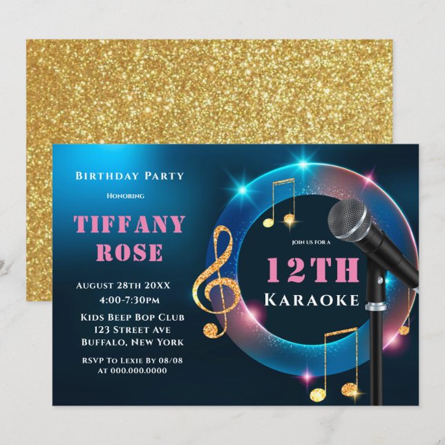 Karaoke Pink and Gold 12th Birthday Party Invites (Front/Back)