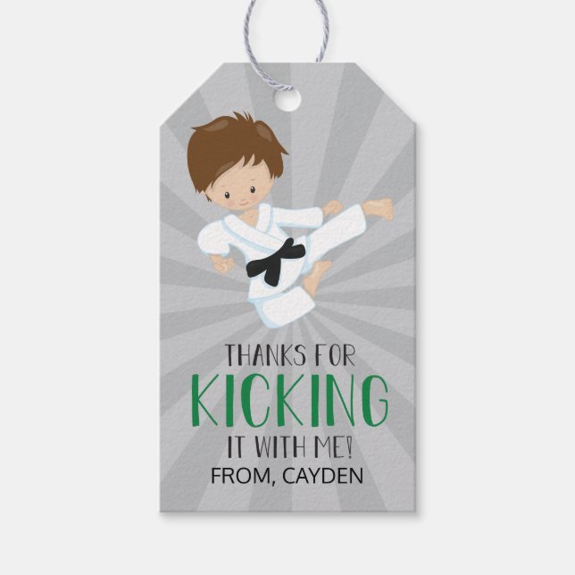 Karate Birthday boy favour tags green (Front)