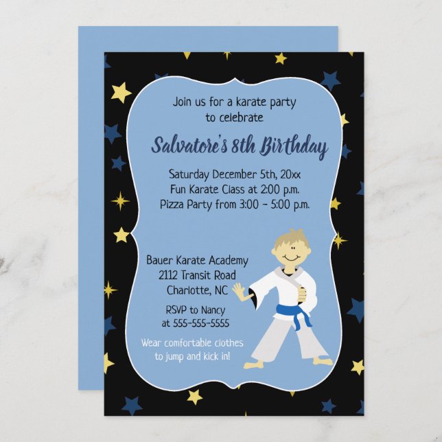 Karate Birthday Invitation Boy Blue Belt (Front/Back)