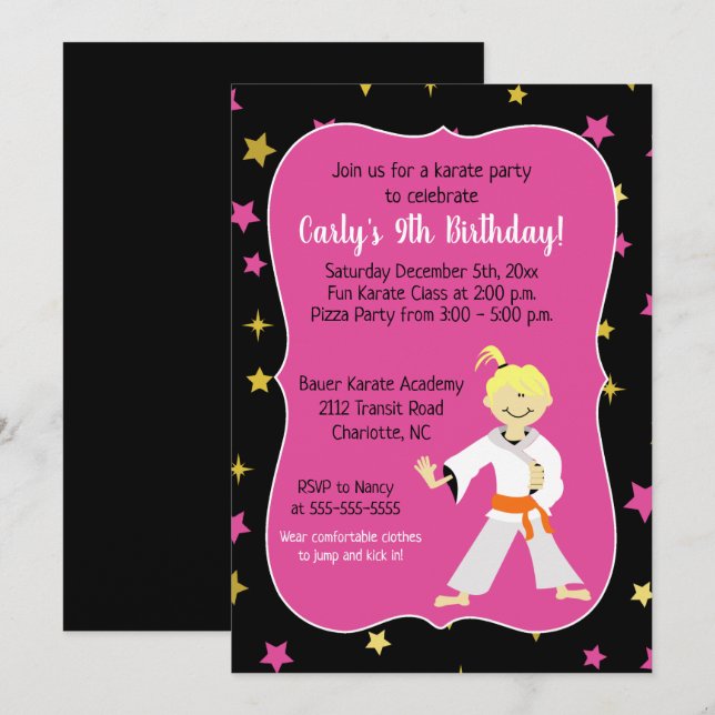 Karate Birthday Invitations Orange Belt Girl (Front/Back)