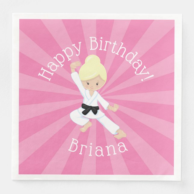 Karate Birthday Party Blonde Hair Girl Pink Napkin (Front)