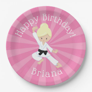 Karate Birthday Party Blonde Hair Girl Pink Paper Plate