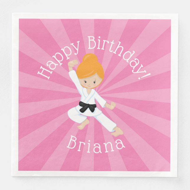 Karate Birthday Party Red Hair Girl Pink Napkin (Front)