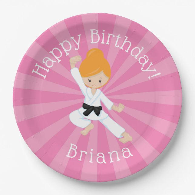 Karate Birthday Party Red Hair Girl Pink Paper Plate (Front)
