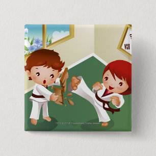 Karate boy holding wood with another breaking it 15 cm square badge