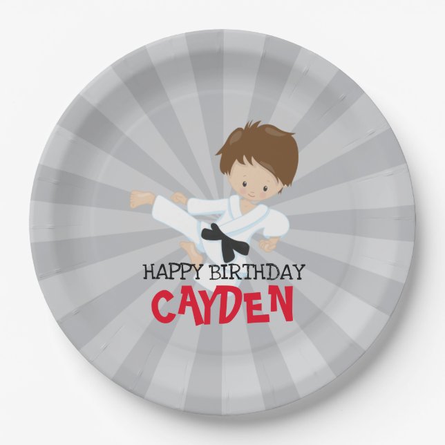 Karate boy red Martial Arts Birthday Paper Plate (Front)