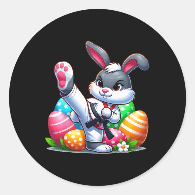 Karate Easter Bunny With A Sket Of Eggs Easter Day Classic Round Sticker (Front)