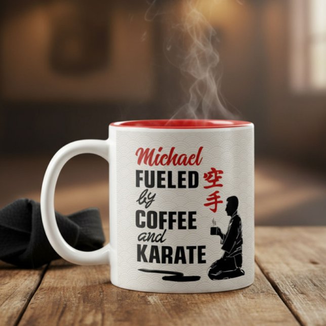 Karate - fueled by coffee and karate. Two-Tone coffee mug (Creator Uploaded)