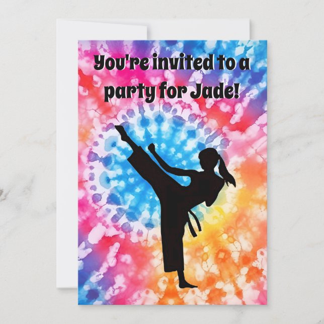 Karate Girl Birthday Party Tie-Dye Rainbow Invitation (Front)