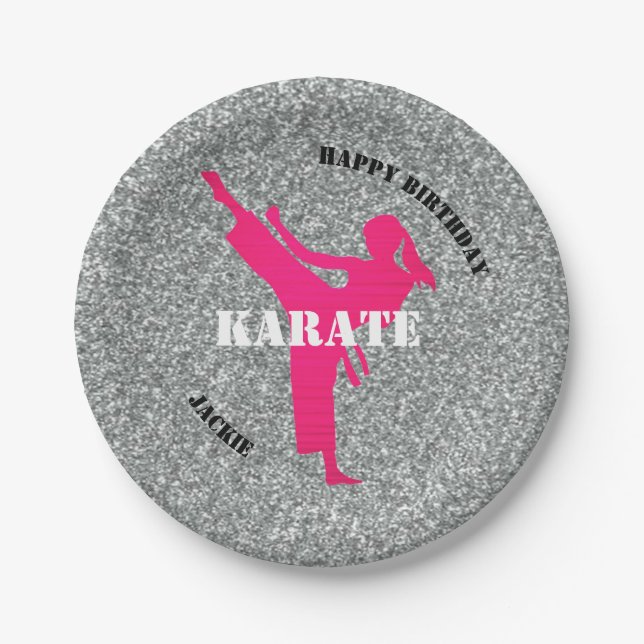 Karate Girl Glitter Happy Birthday Paper Plates (Front)