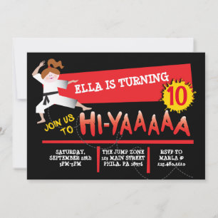 Karate Girl Kick Red Birthday Party Invitation