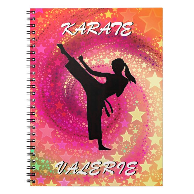 Karate Girl Kick Stars and Swirls Retro Notebook (Front)