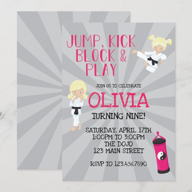 Karate Girl Pink Martial Arts Birthday Invitation (Front/Back)
