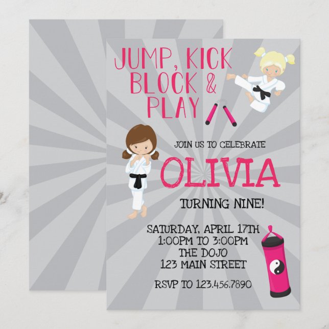 Karate Girl Pink Martial Arts Birthday Invitation (Front/Back)
