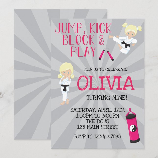 Karate Girl Pink Martial Arts Birthday Invitation (Front/Back)
