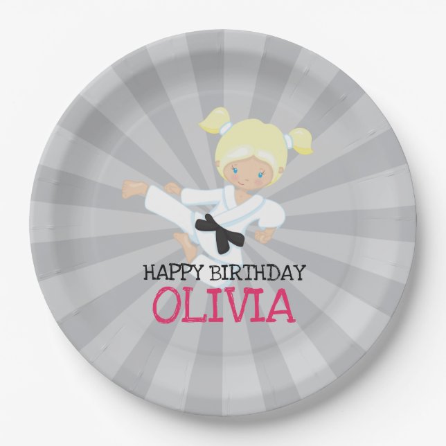 Karate Girl Pink Martial Arts Birthday Paper Plate (Front)