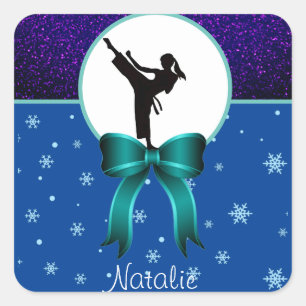 Karate Girls Glitter and Bow Snowflake   Square Sticker