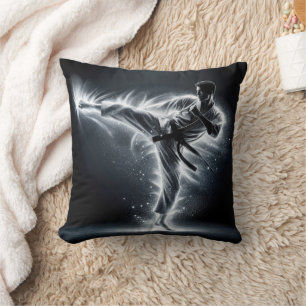 Karate Man With Neon Energy Light Trails Cushion