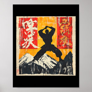 Karate Martial Arts Silhouette On Mountain  Poster