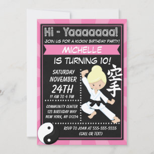 Karate Party Blonde Hair Girl Kids Birthday Party Invitation